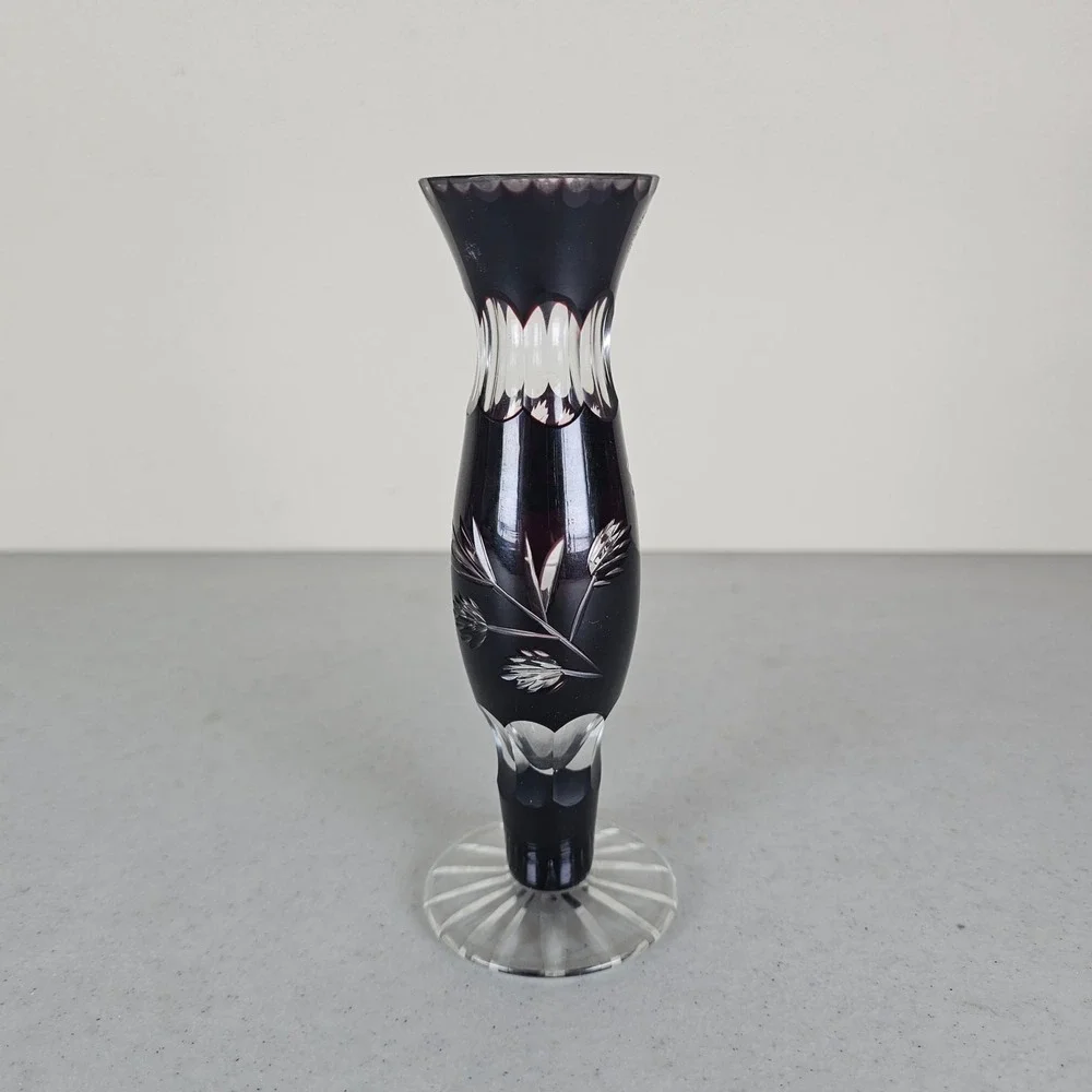 Vintage Etched‎ Glass Bud Vase Dark Red and Clear